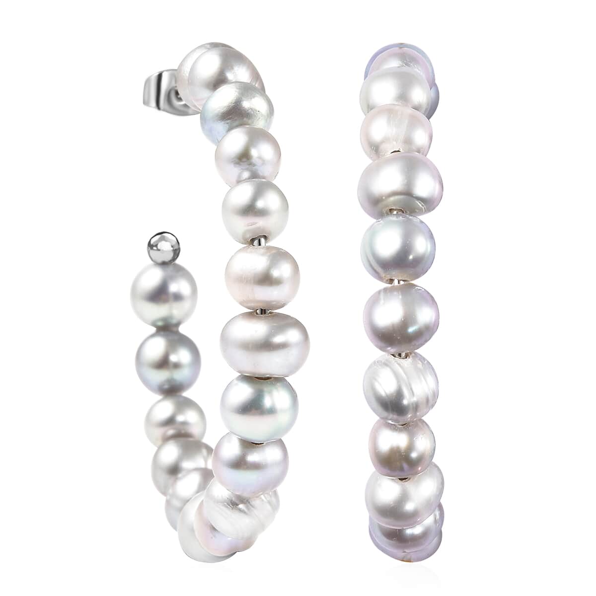 Silver Grey Freshwater Pearl Half Hoop Earrings in Stainless Steel image number 0