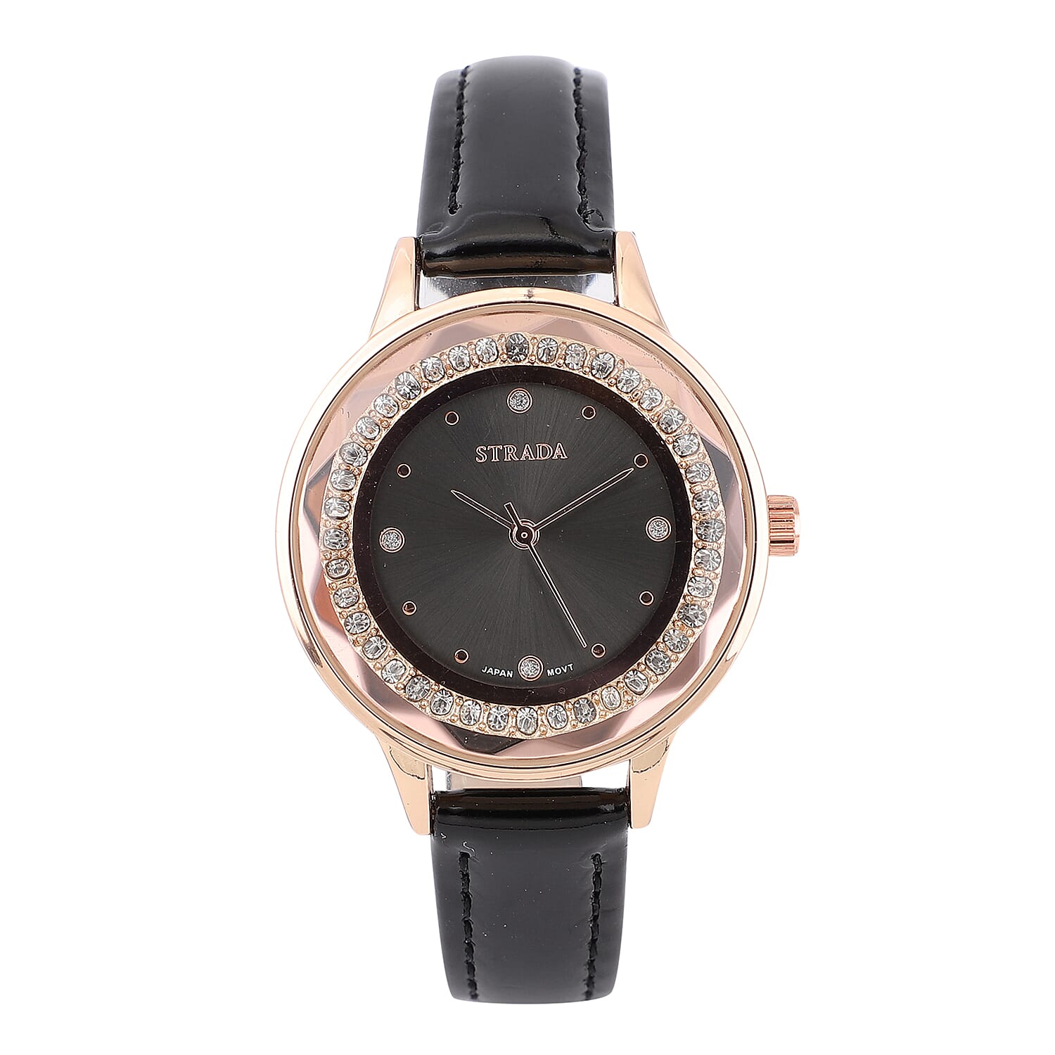 Strada Austrian Crystal Japanese Movement Watch with Black Faux Leather Band