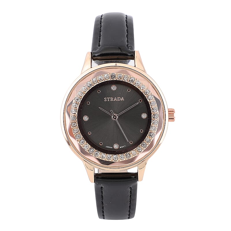 Strada Austrian Crystal Japanese Movement Watch with Black Faux Leather Band