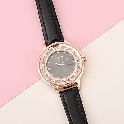 Strada Austrian Crystal Japanese Movement Watch with Black Faux Leather Band