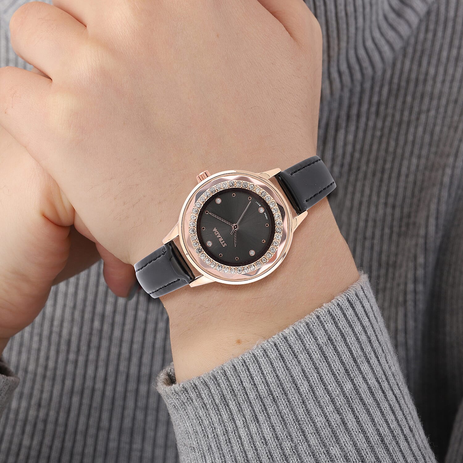 Strada Austrian Crystal Japanese Movement Watch with Black Faux Leather Band