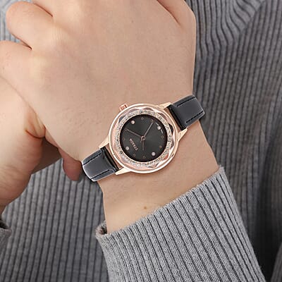 Strada Austrian Crystal Japanese Movement Watch with Black Faux Leather Band