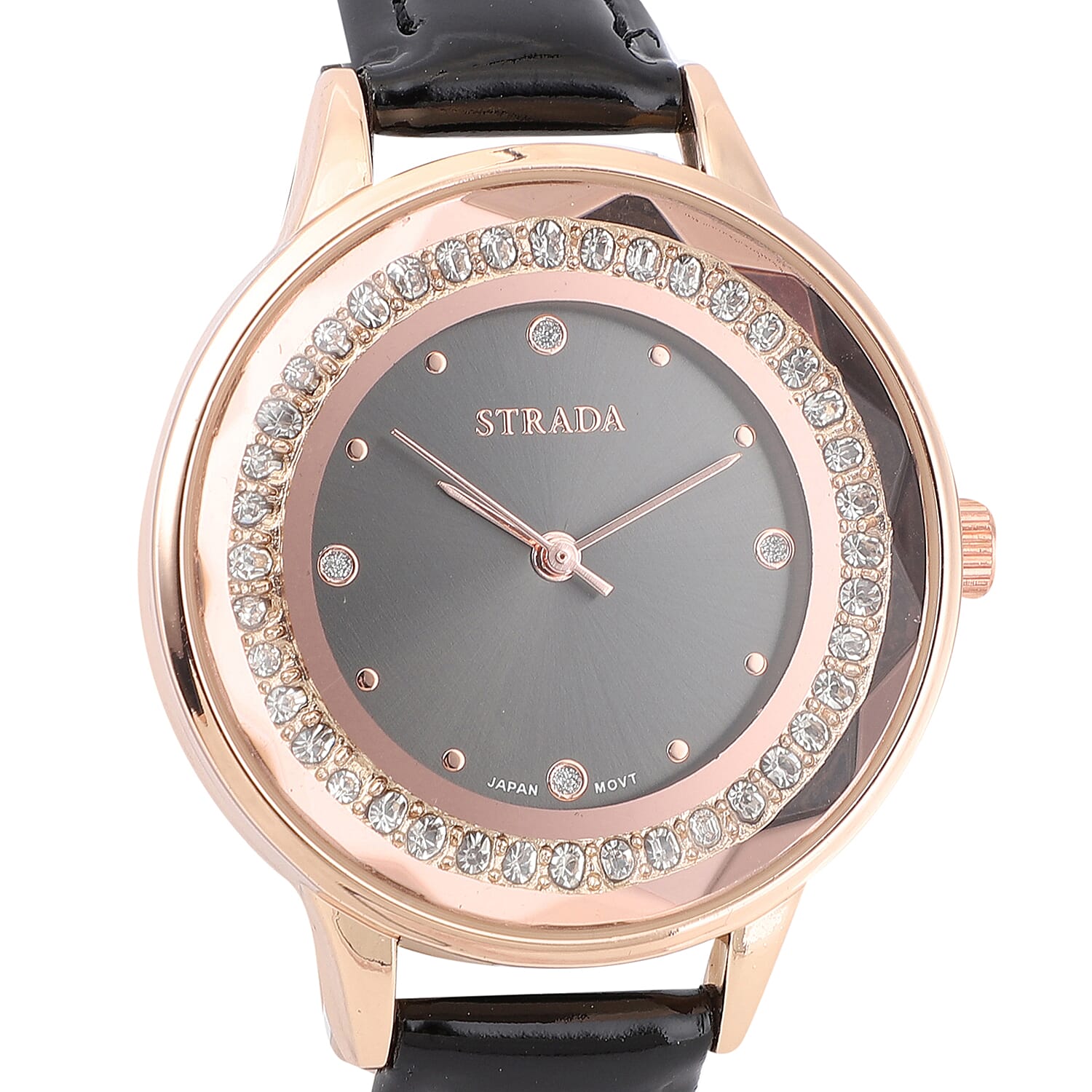 Strada Austrian Crystal Japanese Movement Watch with Black Faux Leather Band