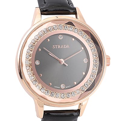 Strada Austrian Crystal Japanese Movement Watch with Black Faux Leather Band