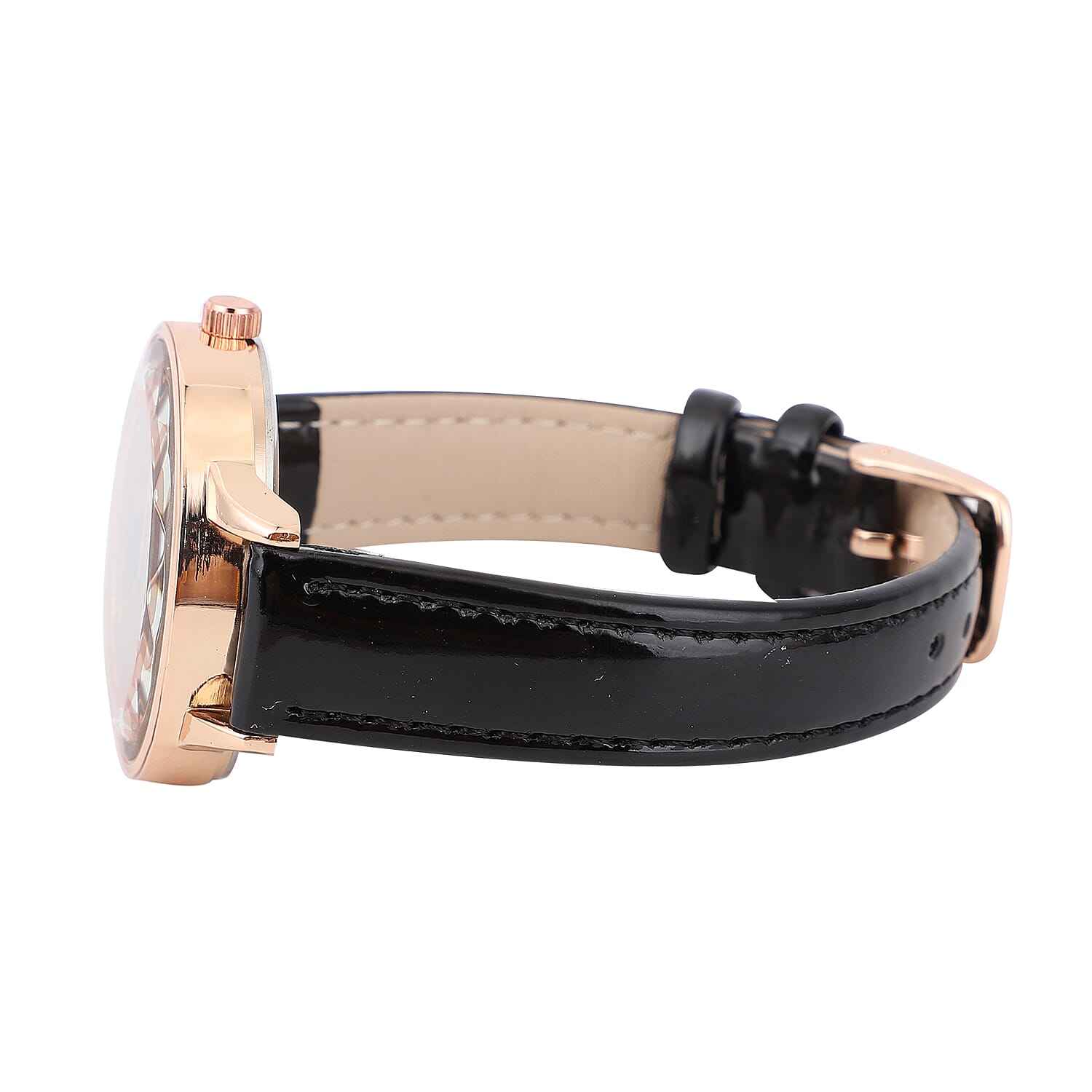 Strada Austrian Crystal Japanese Movement Watch with Black Faux Leather Band