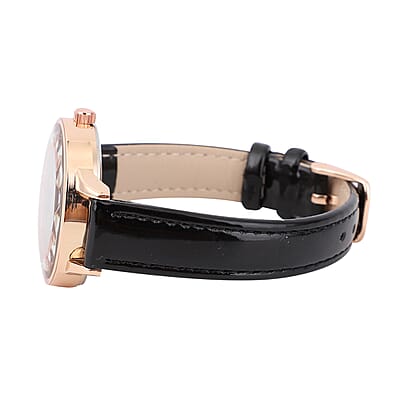 Strada Austrian Crystal Japanese Movement Watch with Black Faux Leather Band