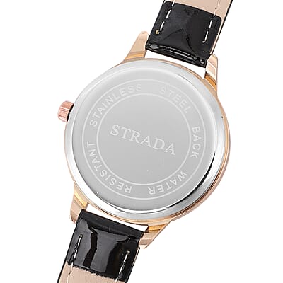 Strada Austrian Crystal Japanese Movement Watch with Black Faux Leather Band