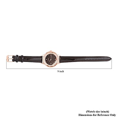 Strada Austrian Crystal Japanese Movement Watch with Black Faux Leather Band