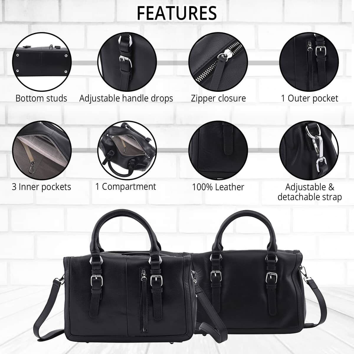 Black Genuine Leather Tote Bag (11.81"X4.72"X7.87") with Top Double Handles and Shoulder Strap image number 1