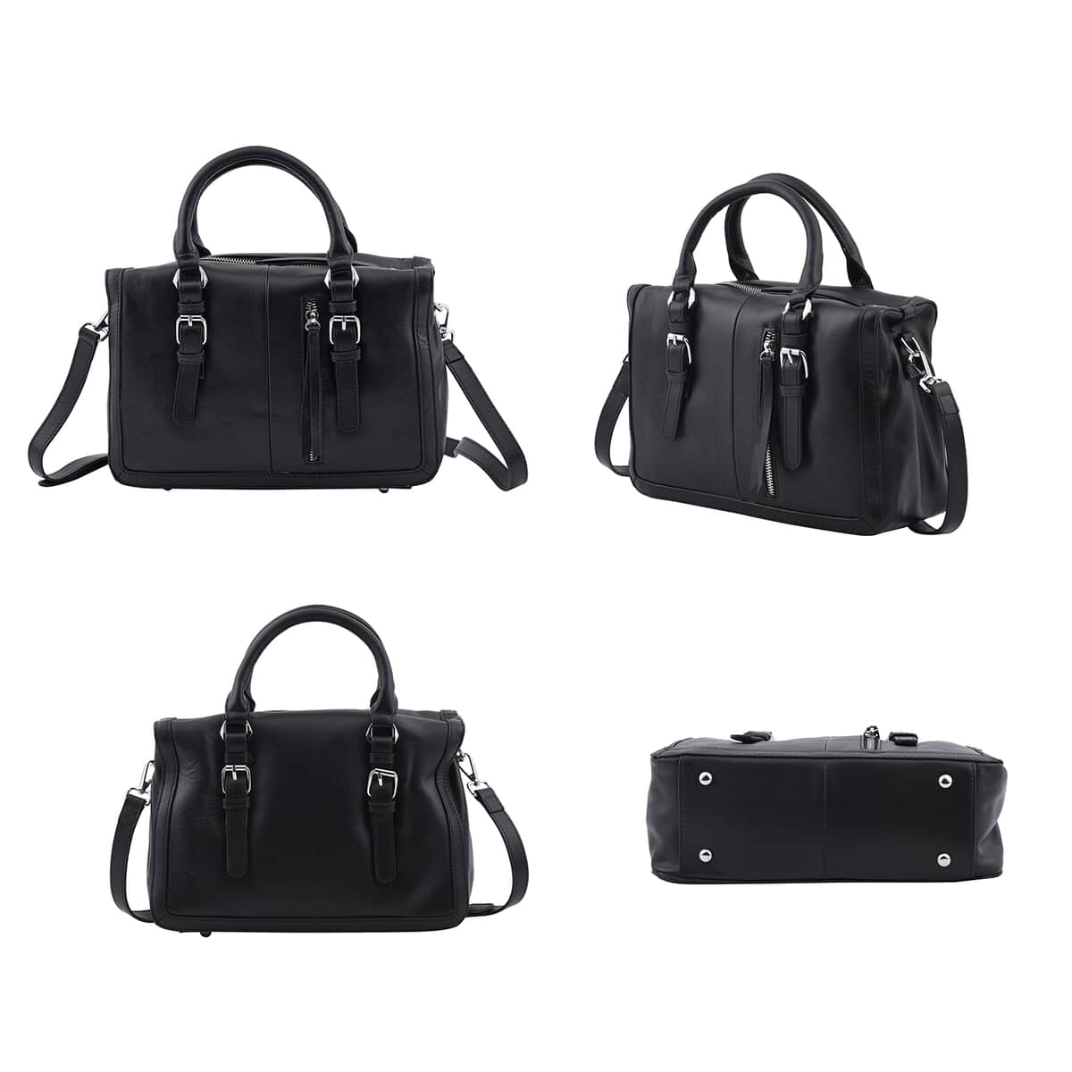 Black Genuine Leather Tote Bag (11.81"X4.72"X7.87") with Top Double Handles and Shoulder Strap image number 3