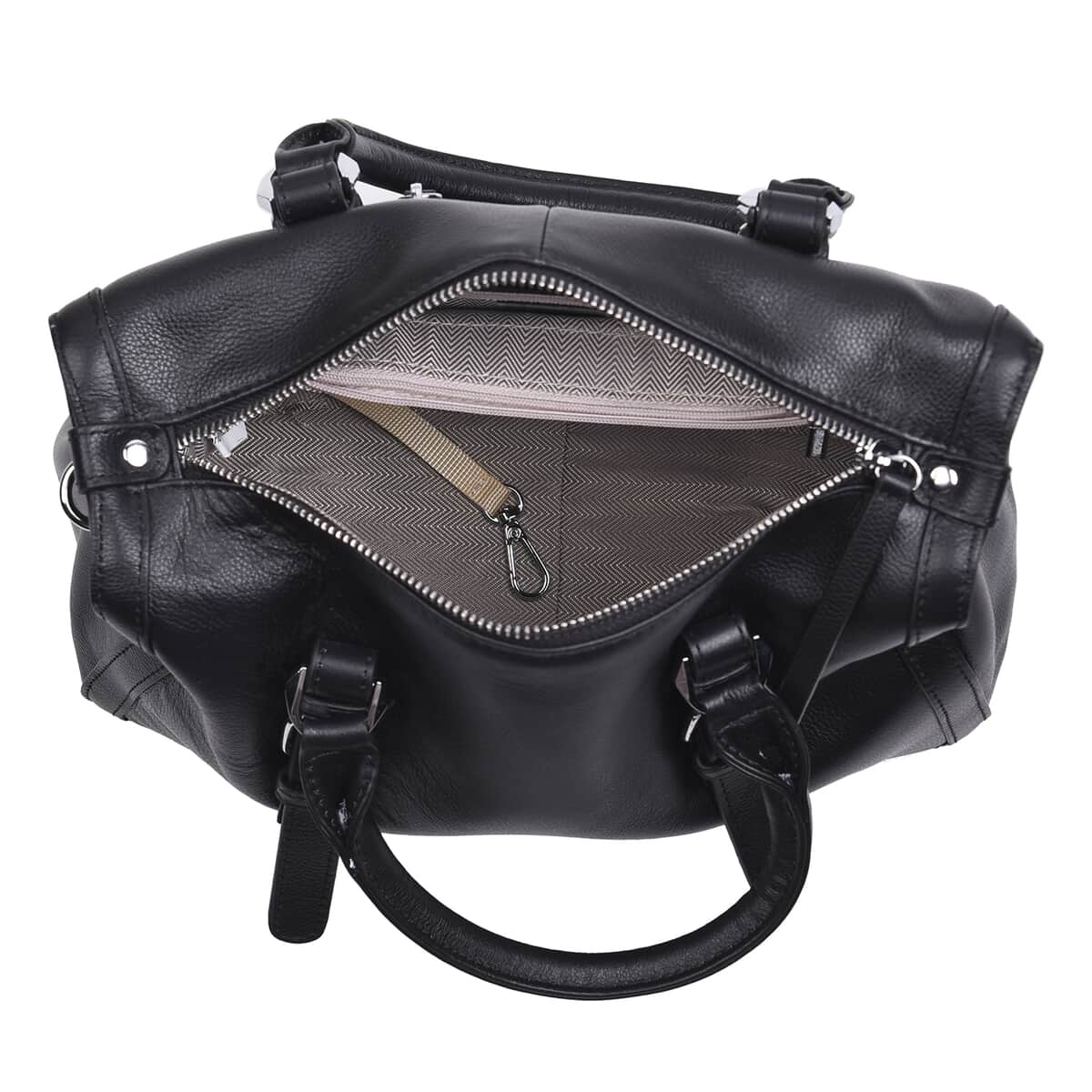 Black Genuine Leather Tote Bag (11.81"X4.72"X7.87") with Top Double Handles and Shoulder Strap image number 5