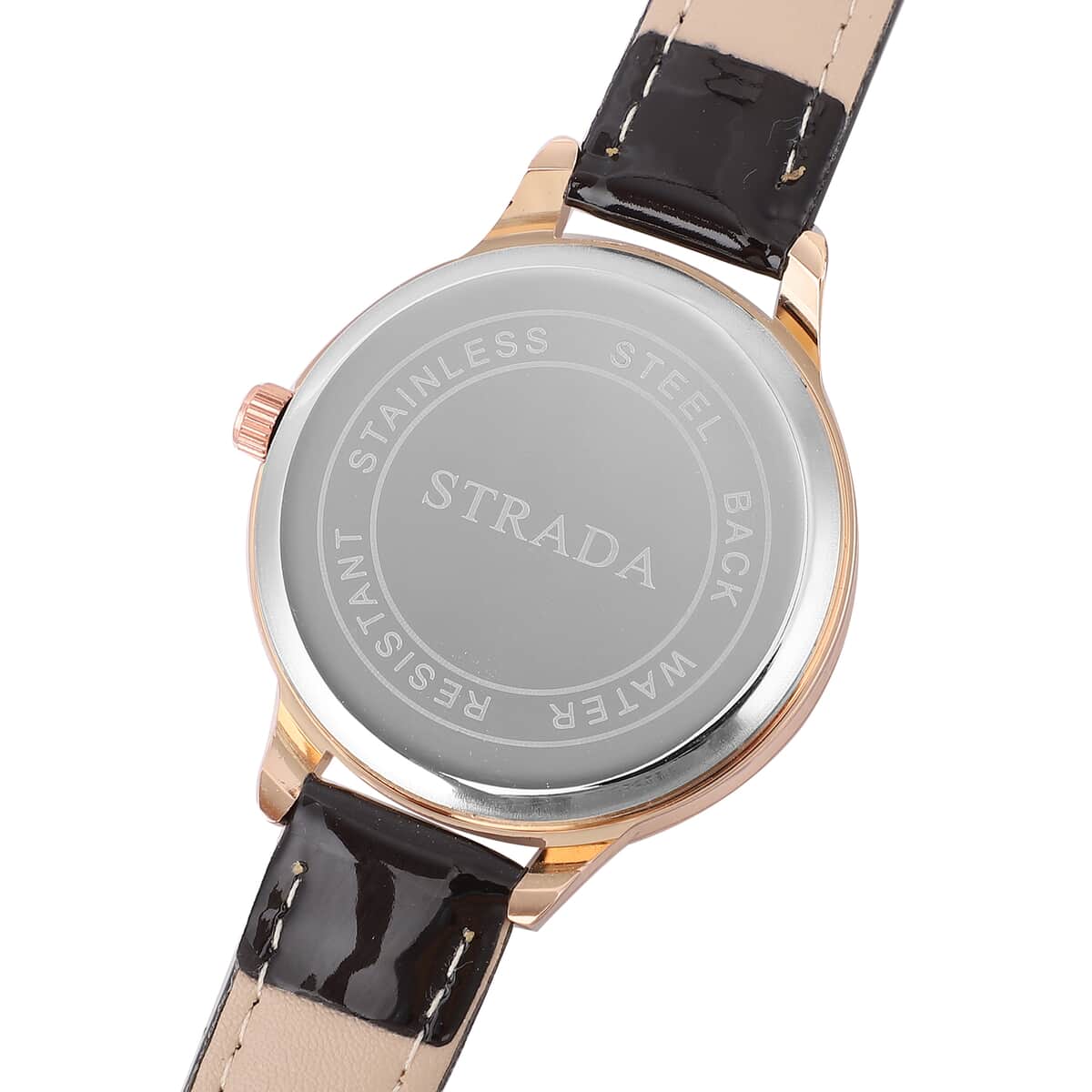 Strada Austrian Crystal Japanese Movement Watch with Dark Brown Faux Leather Band image number 6