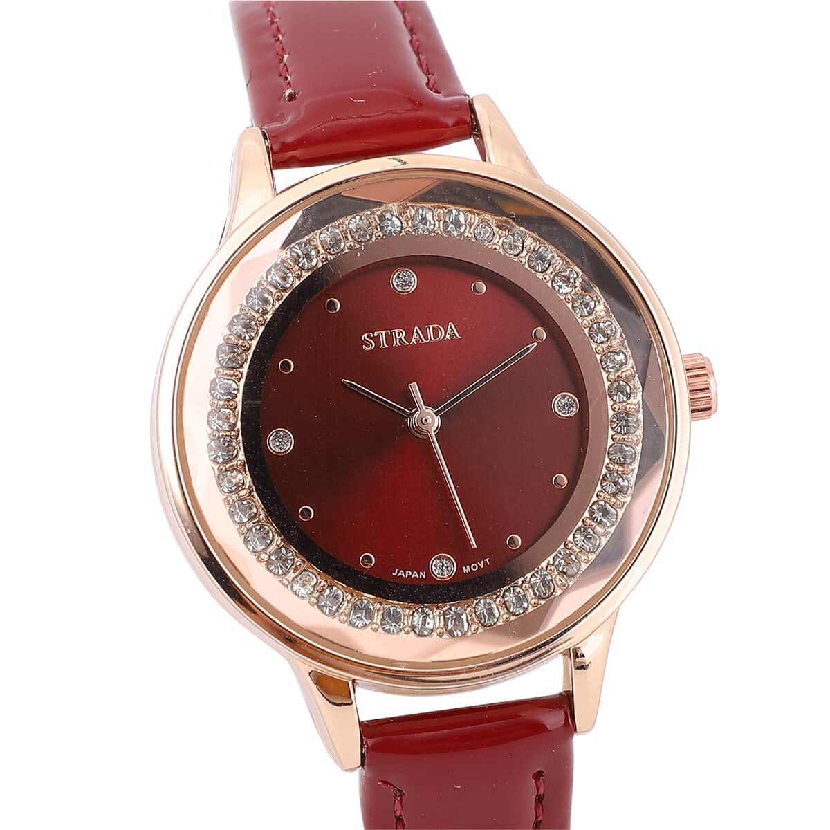 Strada Austrian Crystal Japanese Movement Watch with Wine Red Faux Leather Band image number 2