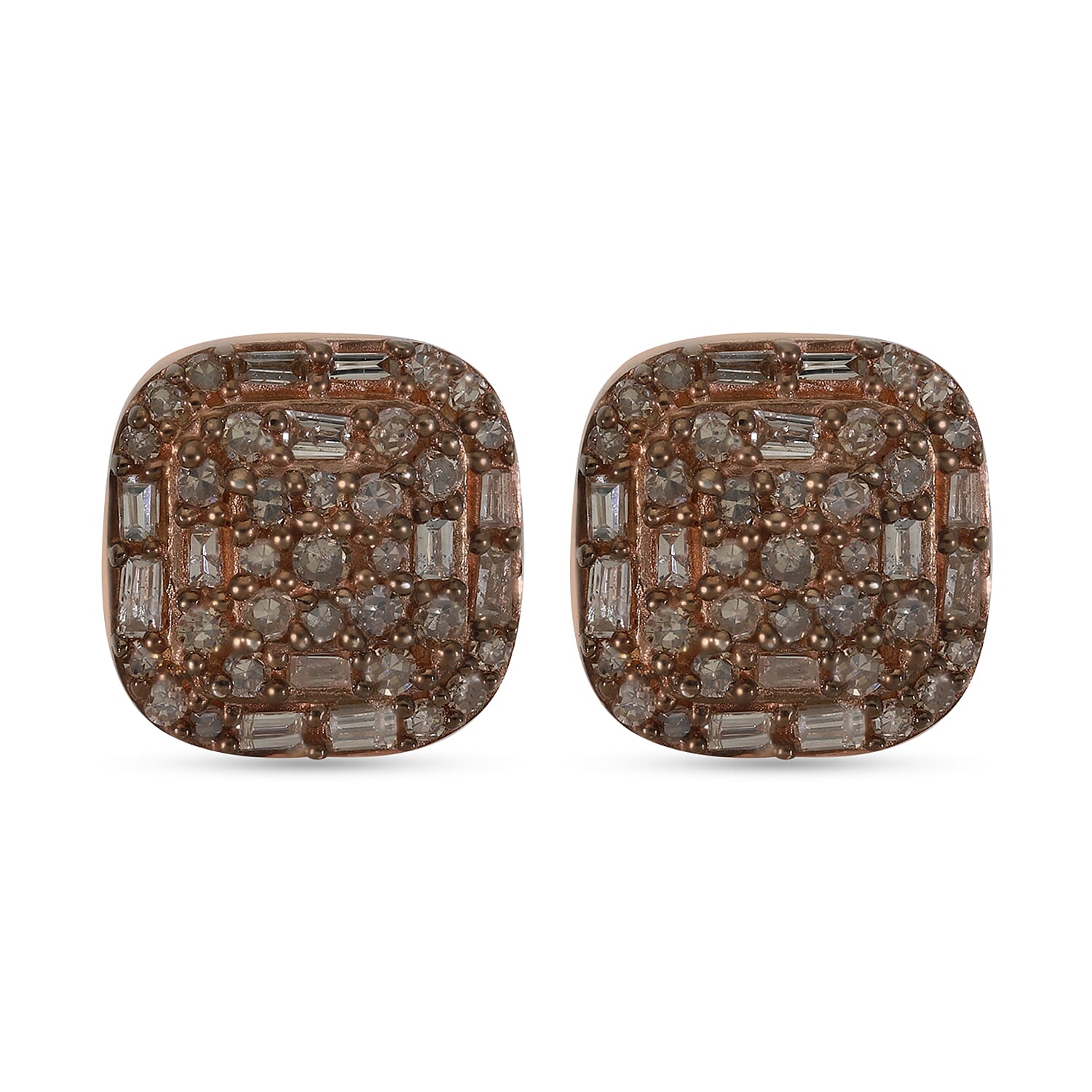 Natural Champagne Diamond Stud Earrings in Rhodium and Vermeil Rose Gold Over Sterling Silver 0.50 ctw