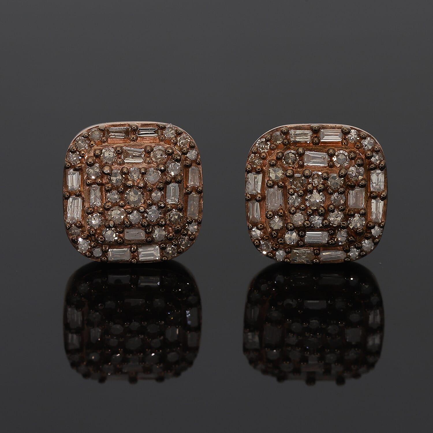 Natural Champagne Diamond Stud Earrings in Rhodium and Vermeil Rose Gold Over Sterling Silver 0.50 ctw