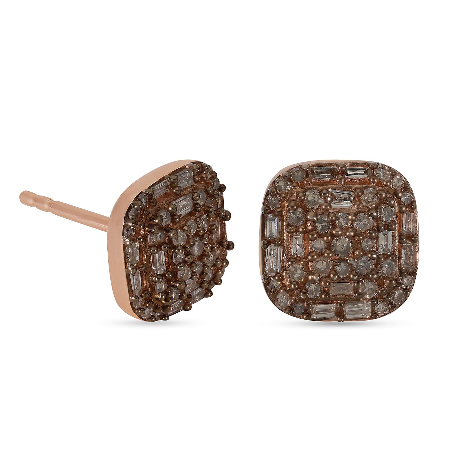 Natural Champagne Diamond Stud Earrings in Rhodium and Vermeil Rose Gold Over Sterling Silver 0.50 ctw