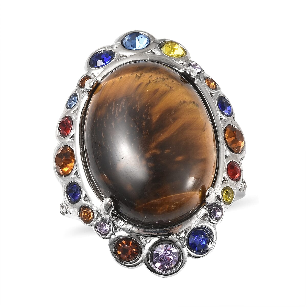 South African Tiger's Eye and Multi Color Austrian Crystal Halo Ring in Stainless Steel (Size 7.0) 20.00 ctw image number 0