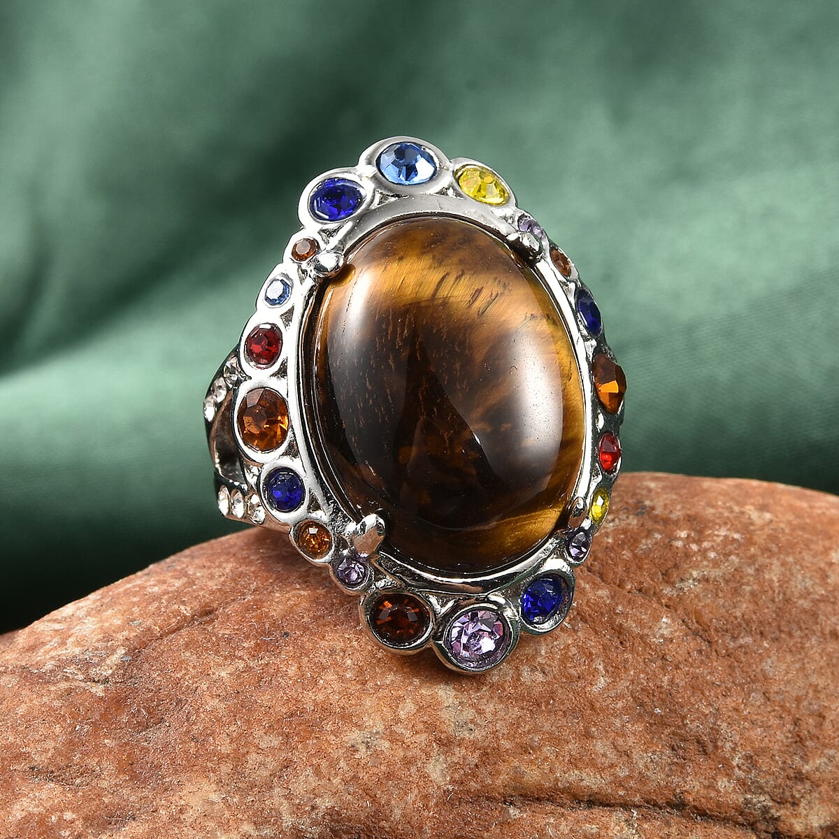 South African Tiger's Eye and Multi Color Austrian Crystal Halo Ring in Stainless Steel (Size 7.0) 20.00 ctw image number 1