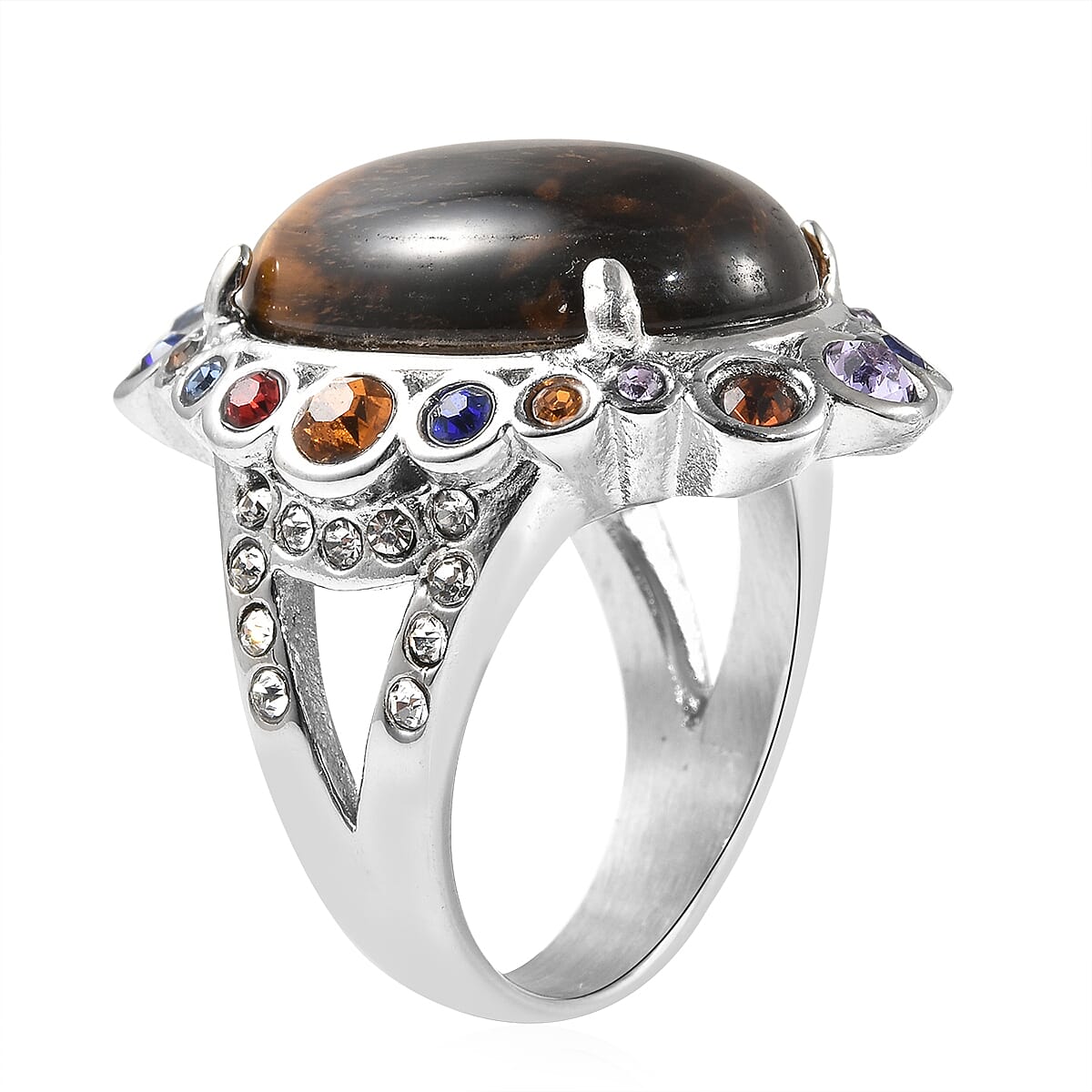 South African Tiger's Eye and Multi Color Austrian Crystal Halo Ring in Stainless Steel (Size 7.0) 20.00 ctw image number 3