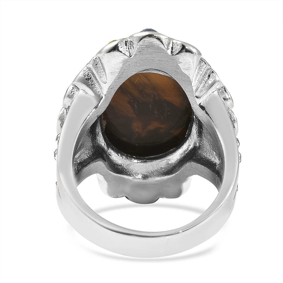 South African Tiger's Eye and Multi Color Austrian Crystal Halo Ring in Stainless Steel (Size 7.0) 20.00 ctw image number 4