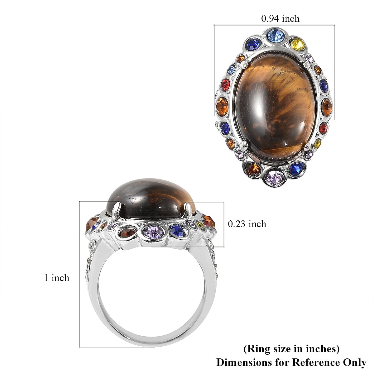 South African Tiger's Eye and Multi Color Austrian Crystal Halo Ring in Stainless Steel (Size 7.0) 20.00 ctw image number 5