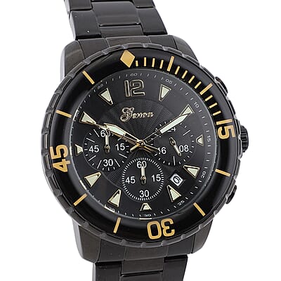Genoa Multi-Functional Quartz Movement Watch with Black Dial & ION Plated Black Stainless Steel Strap (46 mm)