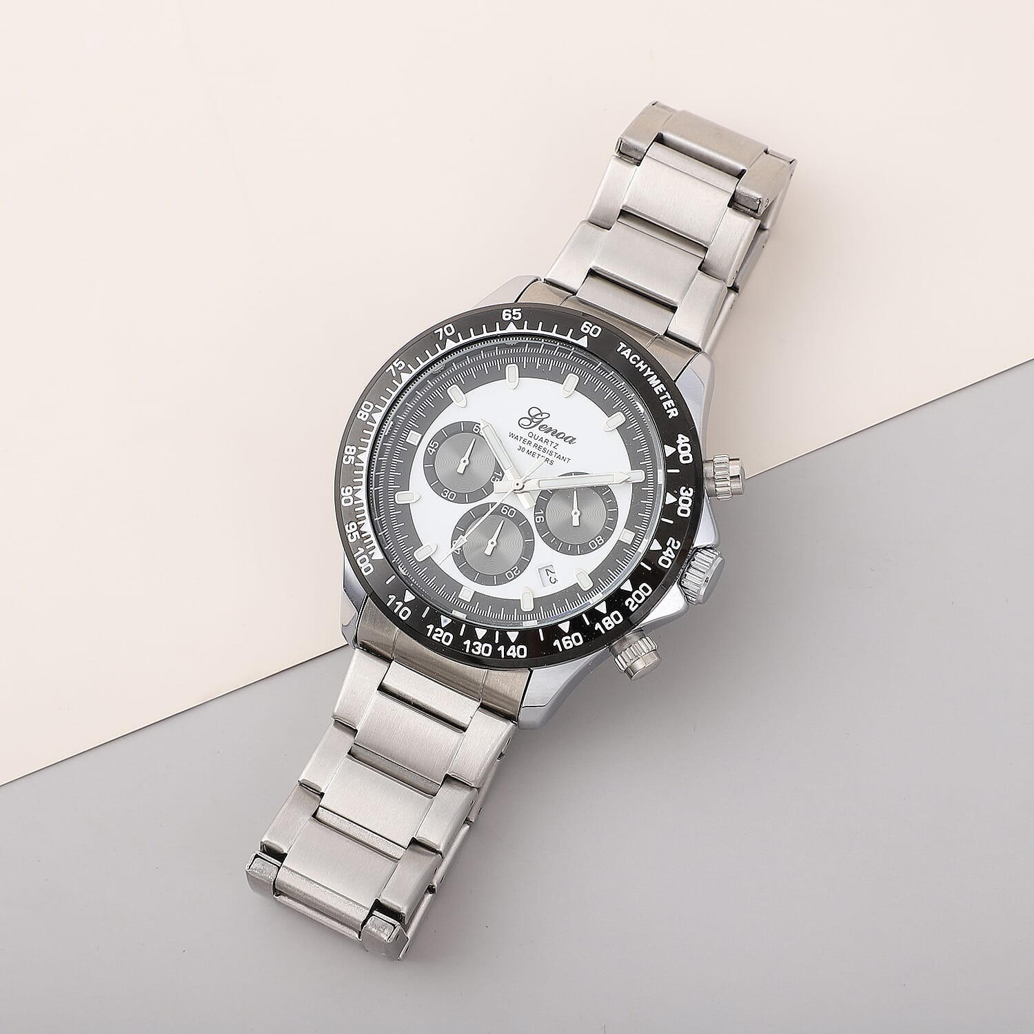 Genoa Multi-Functional Quartz Movement Watch with White Dial & Stainless Steel Strap (44 mm)