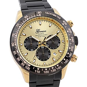 Genoa Multi-Functional Quartz Movement Watch with Golden Dial & ION Plated Black Stainless Steel Strap (44 mm)