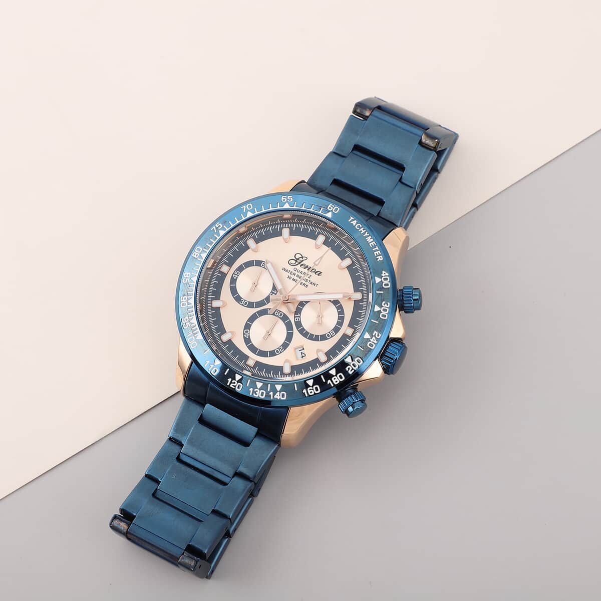 Genoa Multi-Functional Quartz Movement Watch with Rose Gold Dial & ION Plated Blue Stainless Steel Strap (46 mm) image number 1