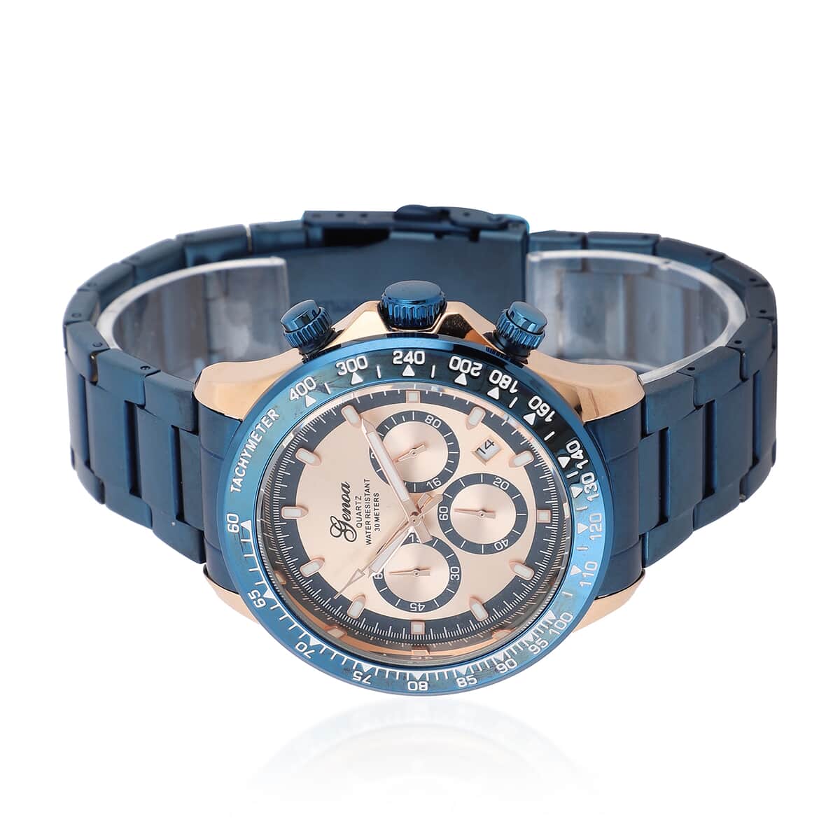 Genoa Multi-Functional Quartz Movement Watch with Rose Gold Dial & ION Plated Blue Stainless Steel Strap (46 mm) image number 3