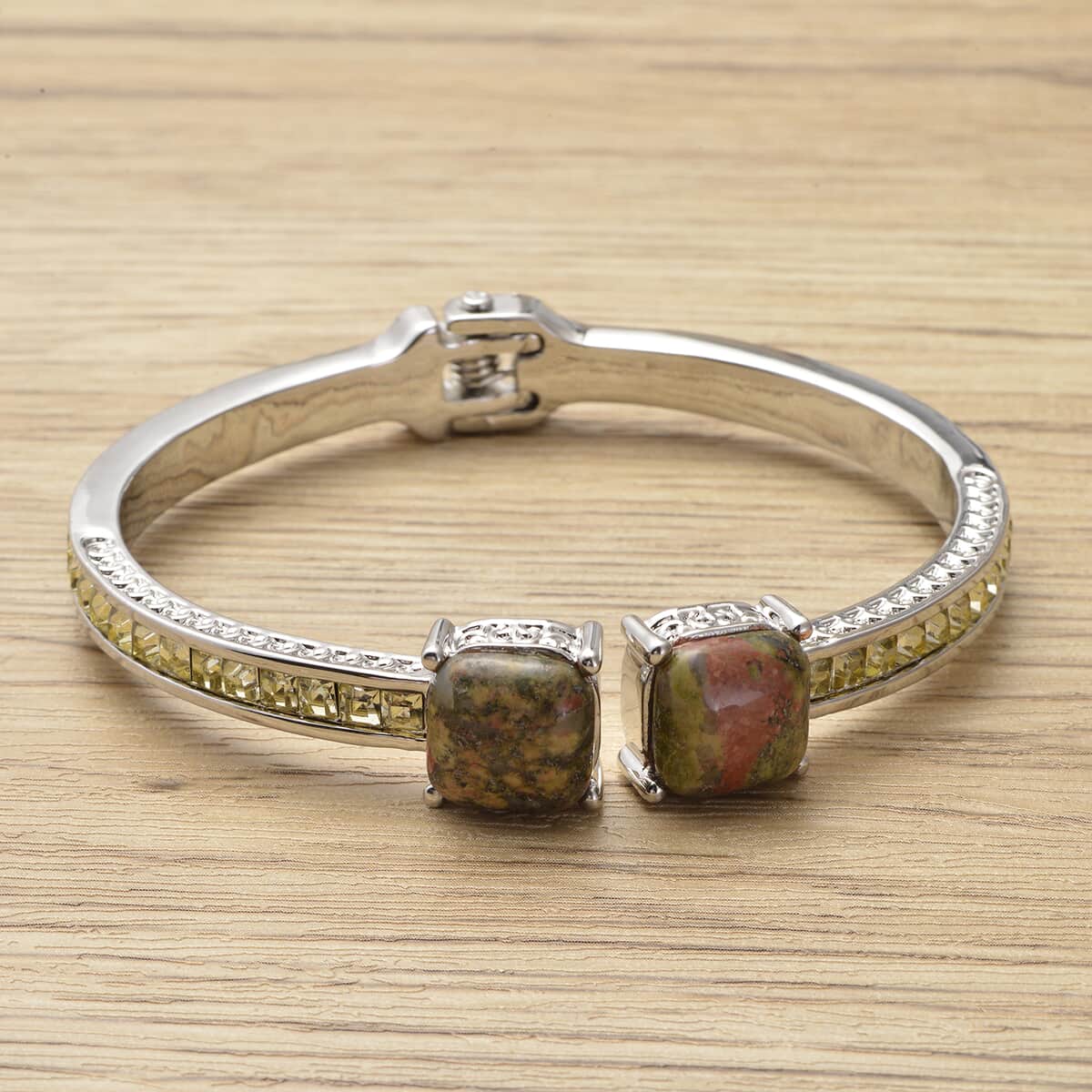 Unakite, Simulated Yellow Sapphire Beaded Cuff Bracelet (7 In) in Silvertone image number 1