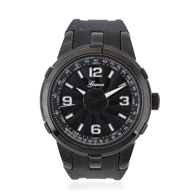 Genoa Miyota Japanese Movement Watch with Black Spinning Dial and Black Silicone Band (47mm)