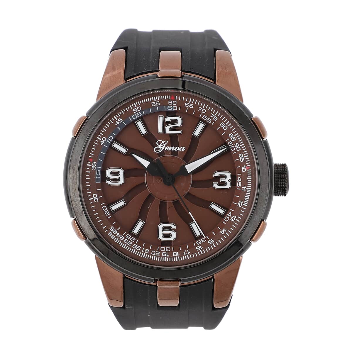 Genoa Miyota Japanese Movement Watch with Brown Spinning Dial and Black Silicone Band (47mm) image number 0