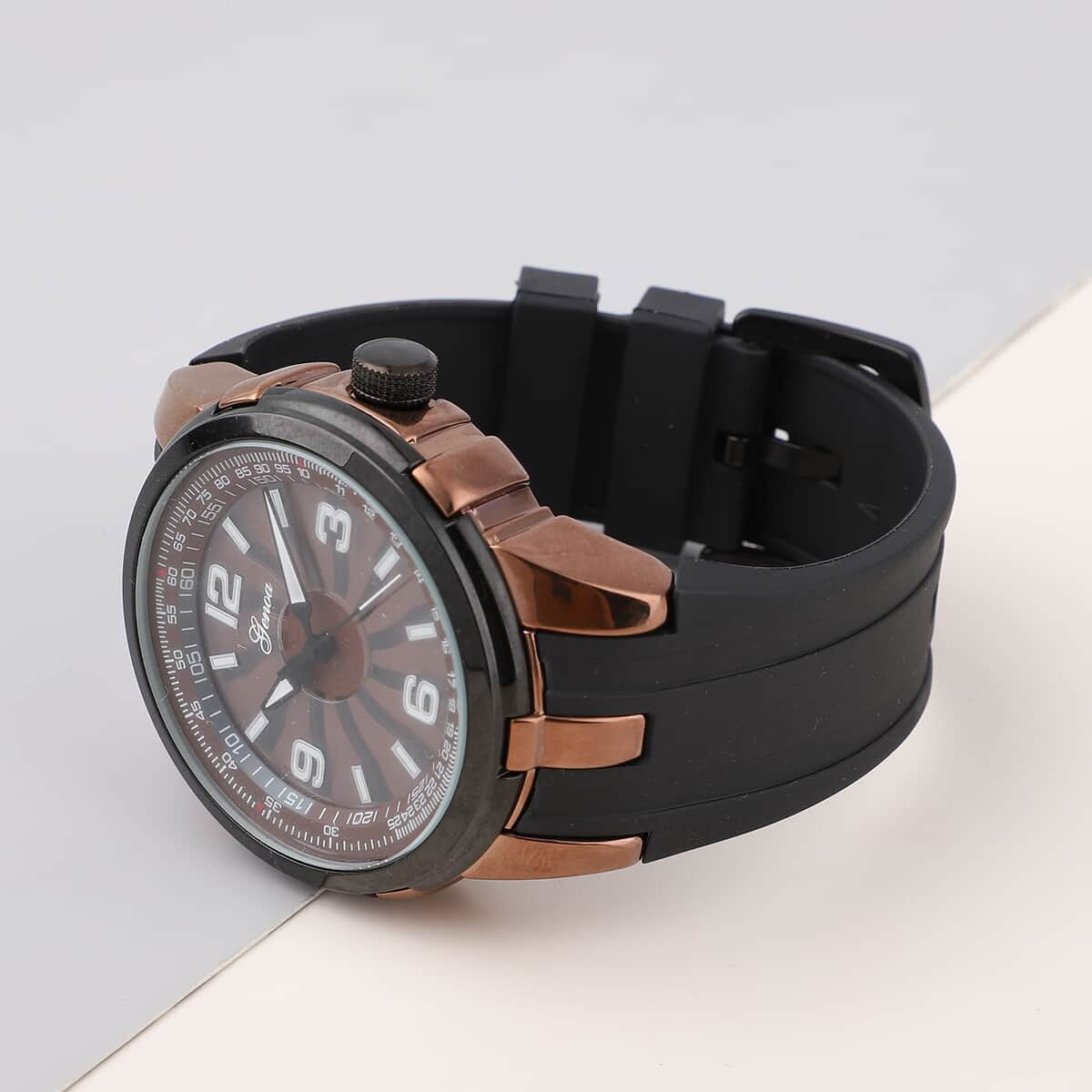 Genoa Miyota Japanese Movement Watch with Brown Spinning Dial and Black Silicone Band (47mm) image number 1