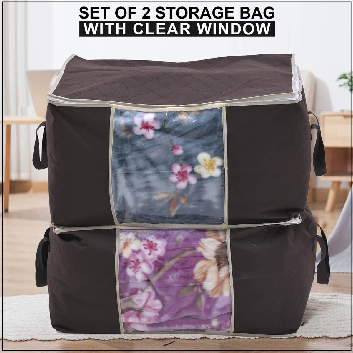 Set of 2 Brown Non Woven Fabric Storage Bag with Clear Window image number 1