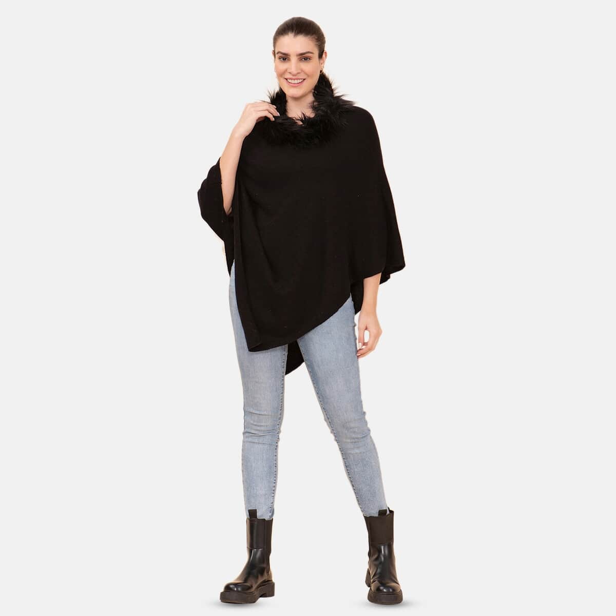 LA MAREY Cashmere Wool Black Designer Poncho with Faux Fur Trim (One Size Fits Most, 28"x28") image number 0