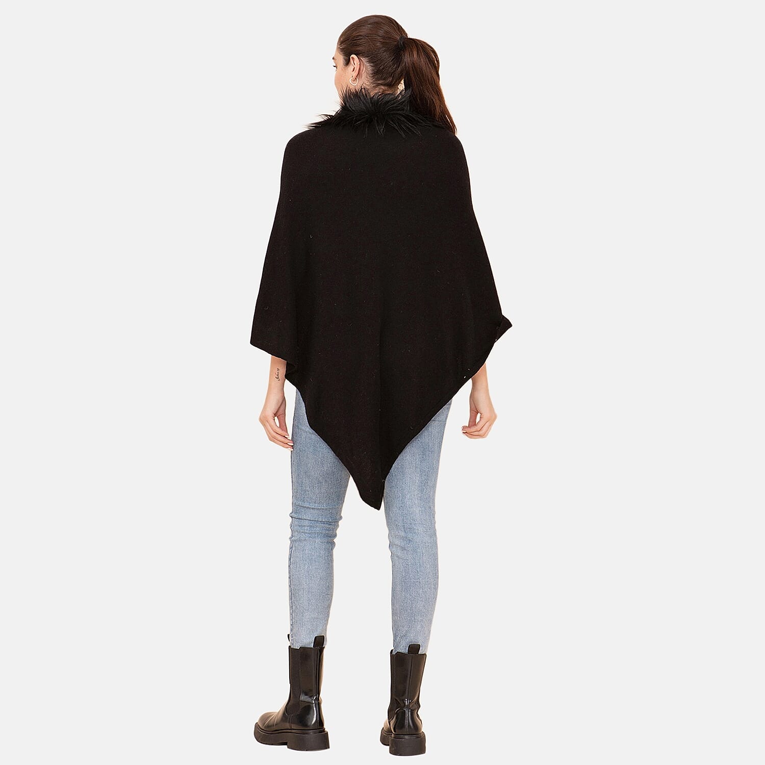 LA MAREY 100% Pashmina Cashmere Wool Black Designer Poncho for Women with Faux Fur Trim - One Size Fits Most , Cashmere Poncho , Women Capes , Poncho Scarf