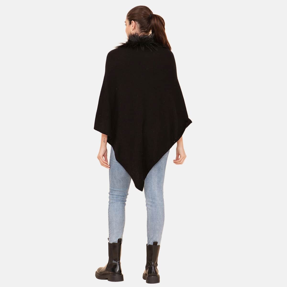 LA MAREY 100% Pashmina Cashmere Wool Black Designer Poncho for Women with Faux Fur Trim - One Size Fits Most , Cashmere Poncho , Women Capes , Poncho Scarf image number 1