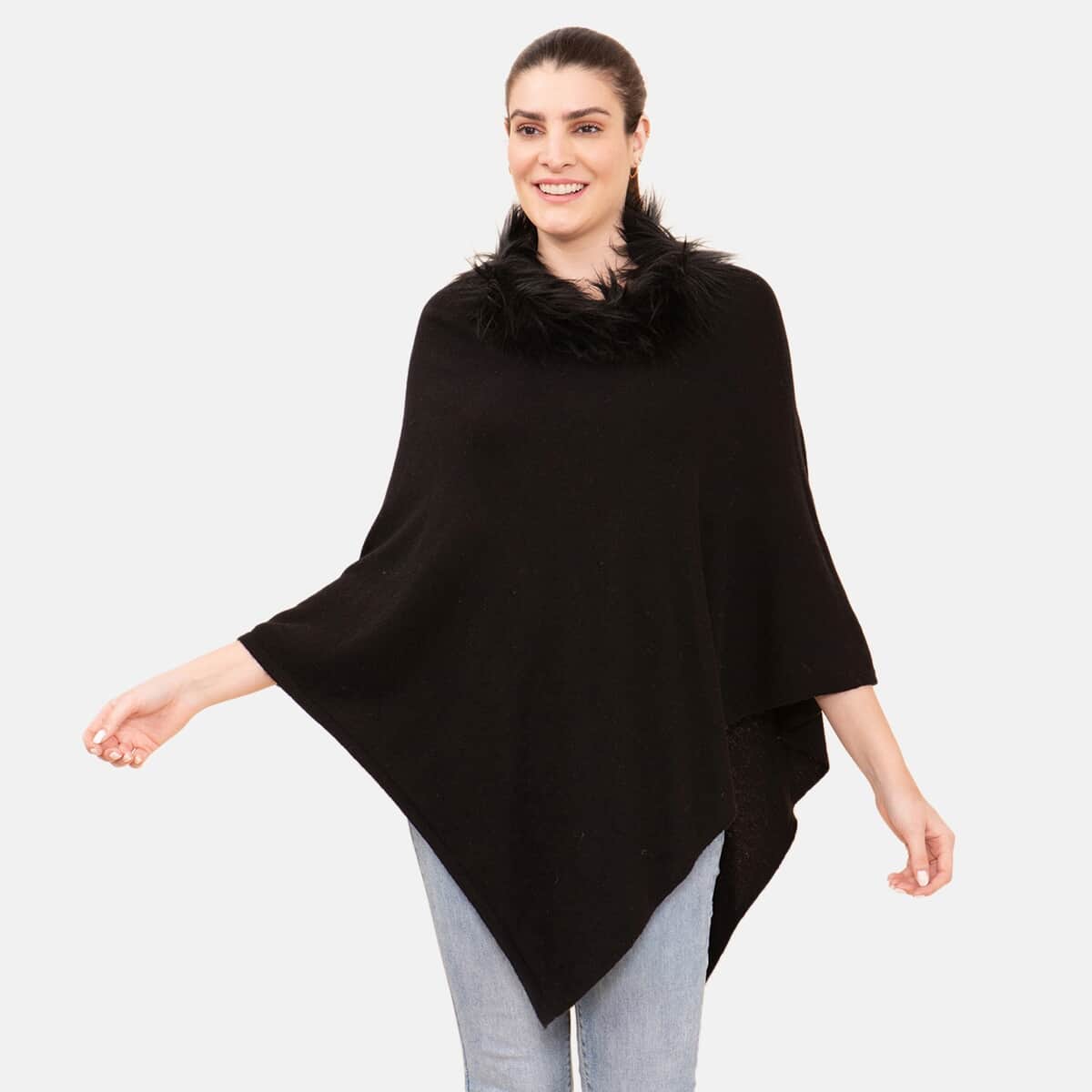 LA MAREY Cashmere Wool Black Designer Poncho with Faux Fur Trim (One Size Fits Most, 28"x28") image number 2