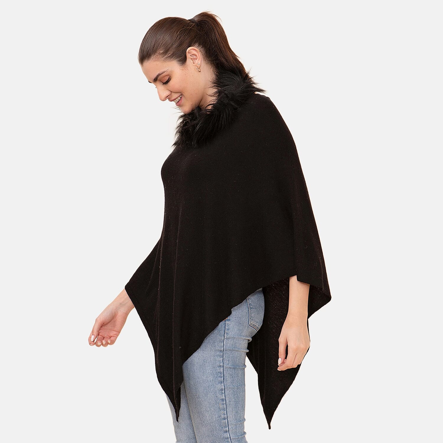LA MAREY 100% Pashmina Cashmere Wool Black Designer Poncho for Women with Faux Fur Trim - One Size Fits Most , Cashmere Poncho , Women Capes , Poncho Scarf