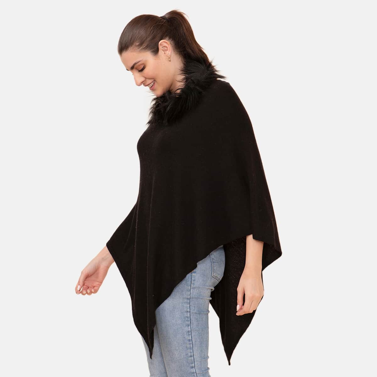 LA MAREY Cashmere Wool Black Designer Poncho with Faux Fur Trim (One Size Fits Most, 28"x28") image number 3