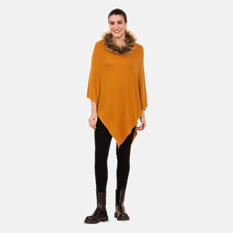LA MAREY 100% Pashmina Cashmere Apricot Designer Poncho for Women with Faux Fur Trim - One Size Fits Most, Cashmere Poncho, Women Capes, Poncho Scarf