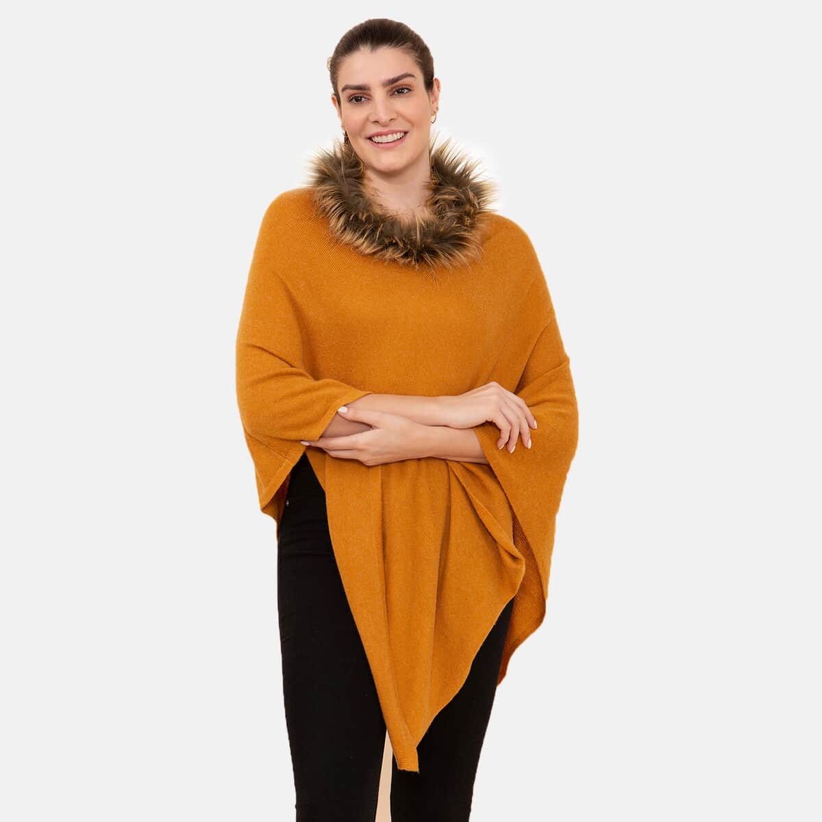 LA MAREY 100% Pashmina Cashmere Apricot Designer Poncho for Women with Faux Fur Trim - One Size Fits Most, Cashmere Poncho, Women Capes, Poncho Scarf image number 2