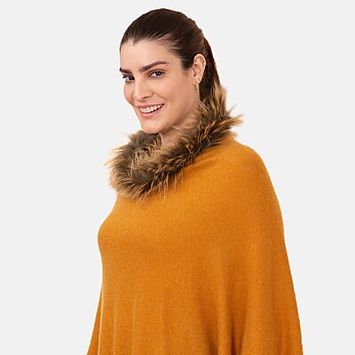 LA MAREY 100% Pashmina Cashmere Apricot Designer Poncho for Women with Faux Fur Trim - One Size Fits Most, Cashmere Poncho, Women Capes, Poncho Scarf