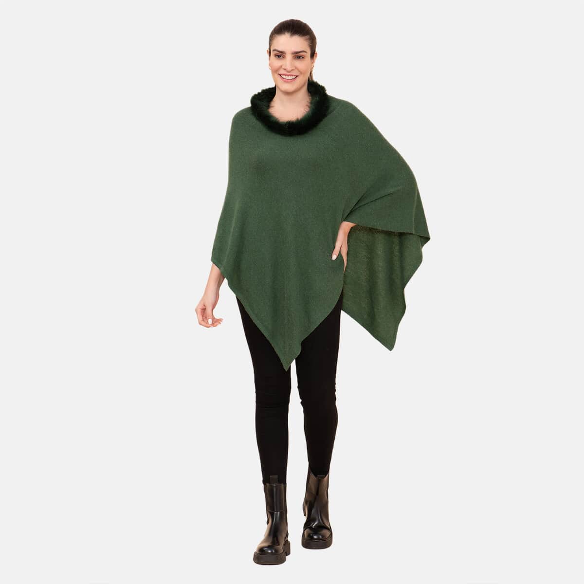 LA MAREY 100% Pashmina Cashmere Moss Green Designer Poncho for Women with Faux Fur Trim (One Size Fits Most) , Cashmere Poncho , Women Capes , Poncho Scarf image number 0