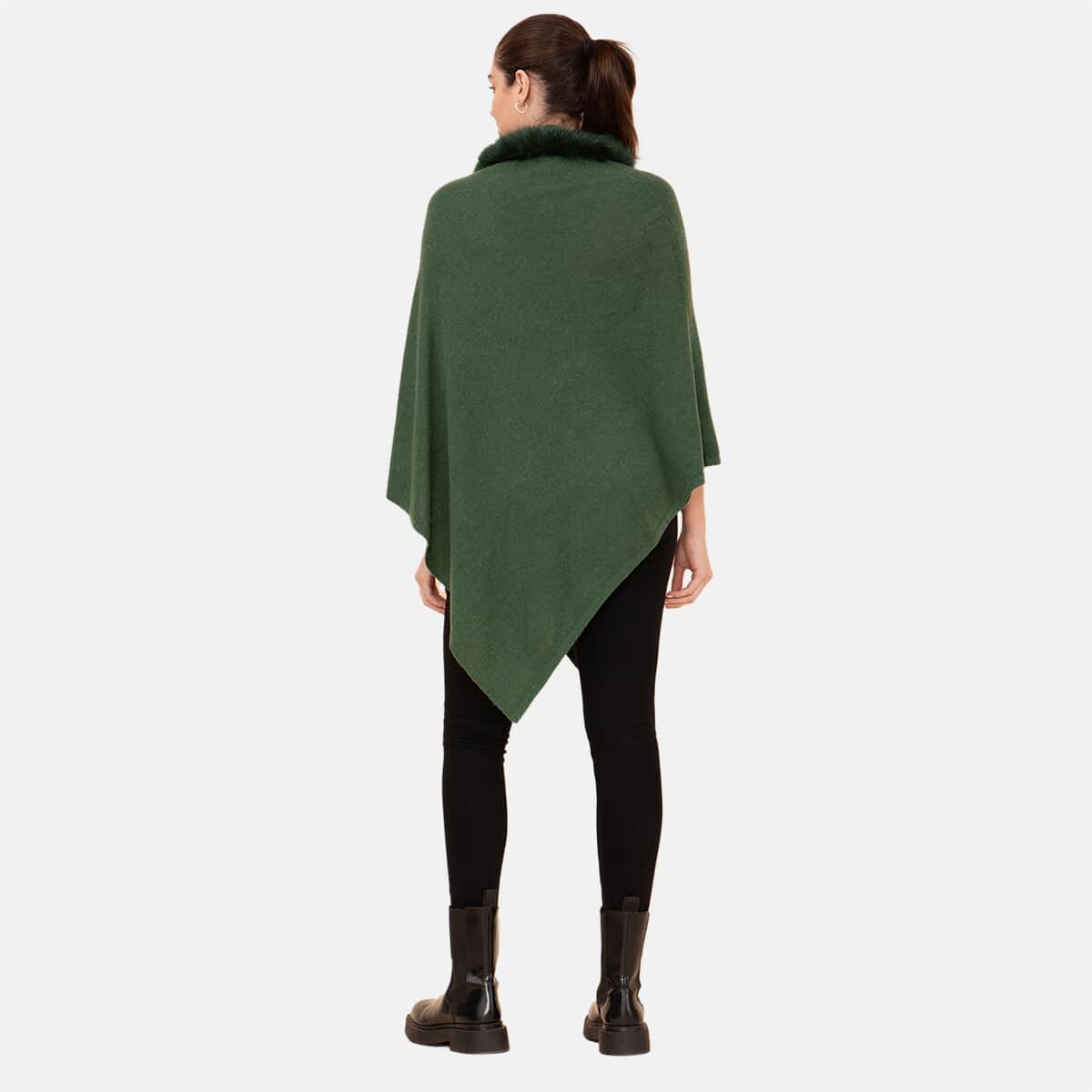 LA MAREY 100% Pashmina Cashmere Moss Green Designer Poncho for Women with Faux Fur Trim (One Size Fits Most) , Cashmere Poncho , Women Capes , Poncho Scarf image number 1