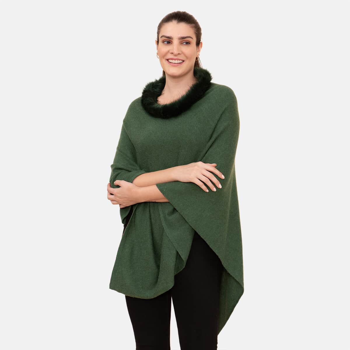 LA MAREY 100% Pashmina Cashmere Moss Green Designer Poncho for Women with Faux Fur Trim (One Size Fits Most) , Cashmere Poncho , Women Capes , Poncho Scarf image number 2