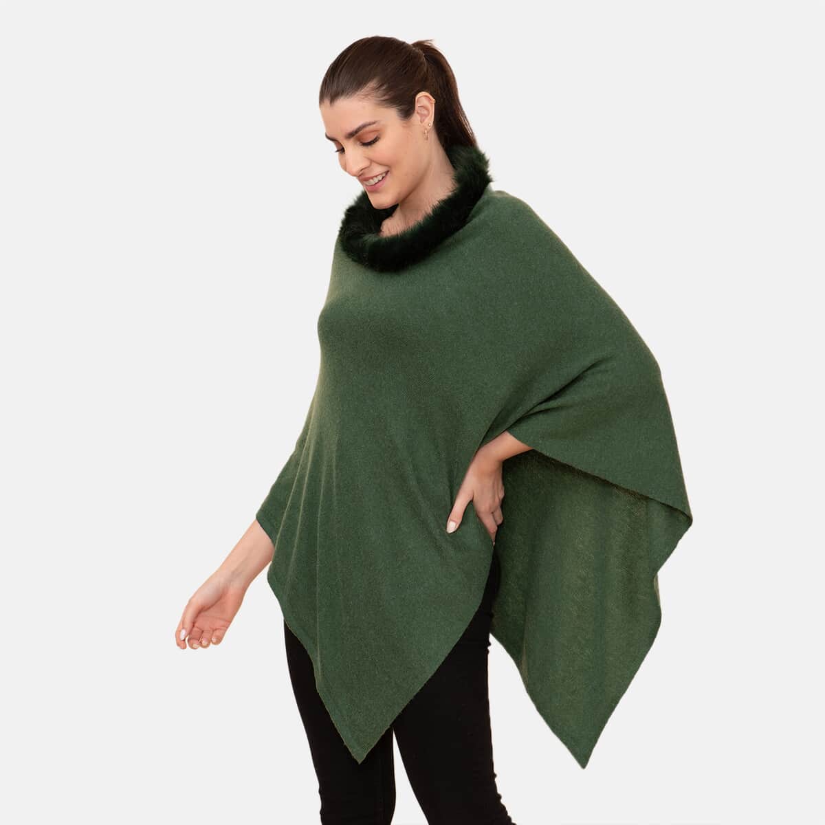 LA MAREY 100% Pashmina Cashmere Moss Green Designer Poncho for Women with Faux Fur Trim (One Size Fits Most) , Cashmere Poncho , Women Capes , Poncho Scarf image number 3