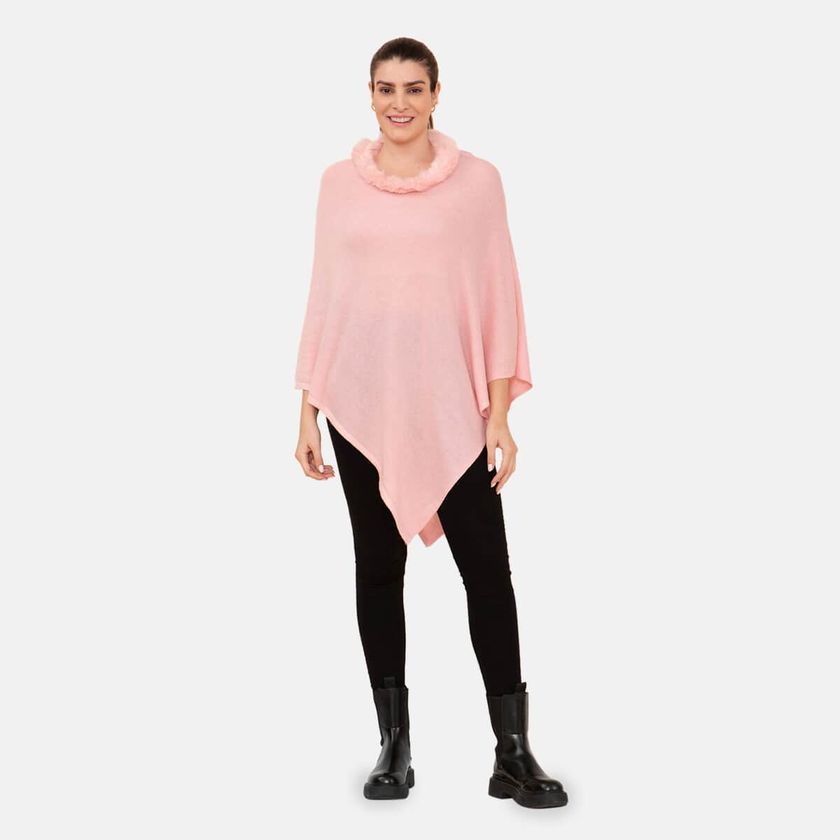 LA MAREY 100% Pashmina Cashmere Dusty Rose Designer Poncho for Women with Faux Fur Trim - One Size Fits Most , Cashmere Poncho , Women Capes , Poncho Scarf image number 0