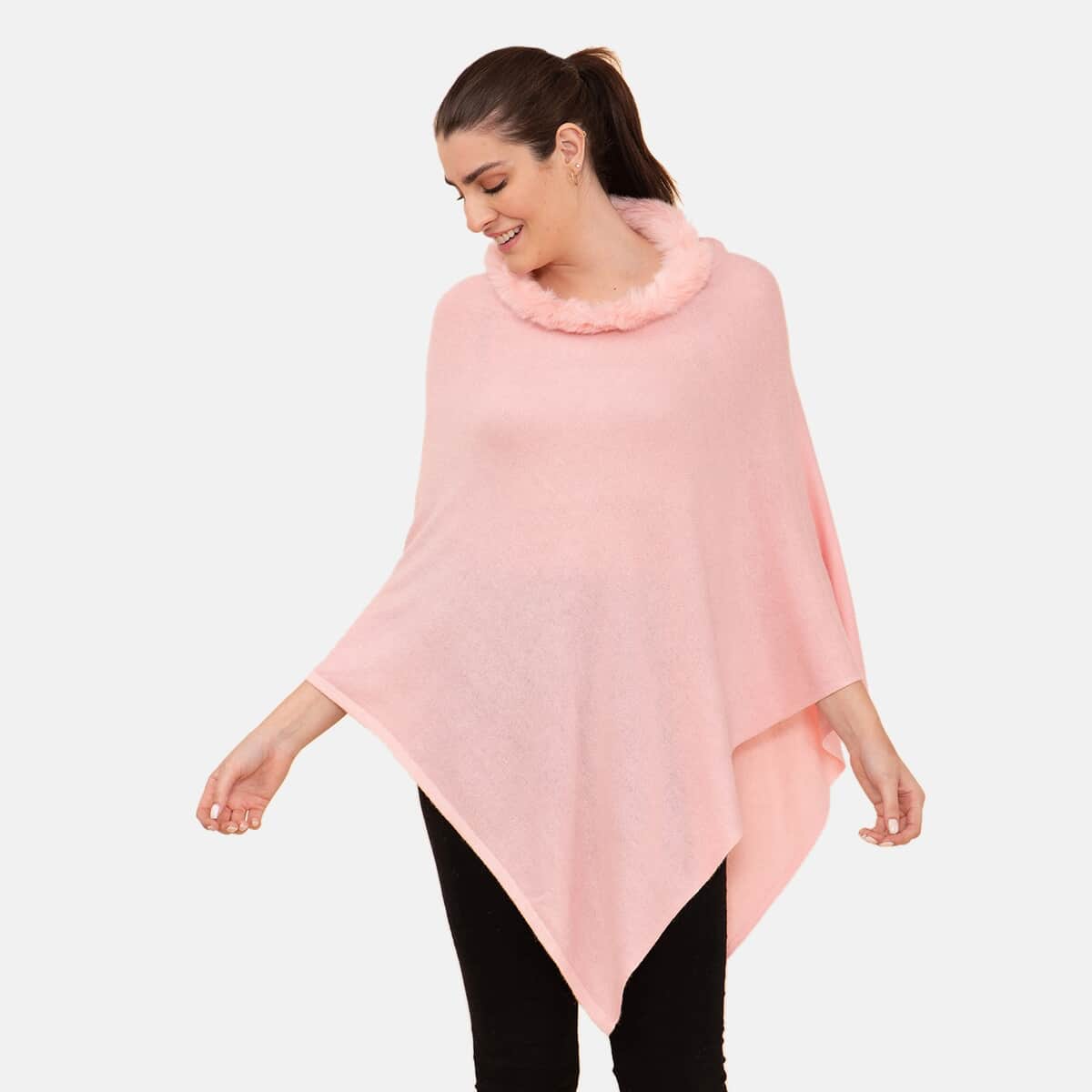LA MAREY 100% Pashmina Cashmere Dusty Rose Designer Poncho for Women with Faux Fur Trim - One Size Fits Most , Cashmere Poncho , Women Capes , Poncho Scarf image number 2